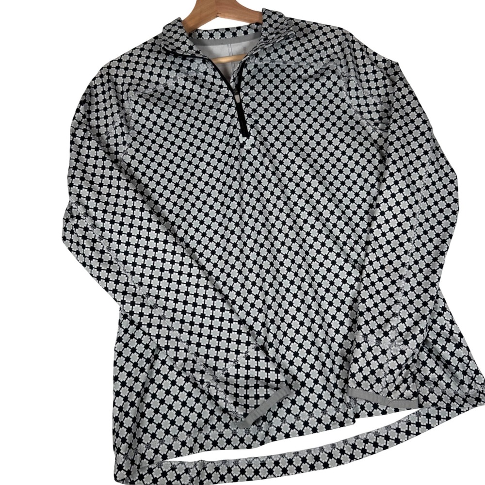 Lands End Womens Medium Petite Quarter Zip Active Top Geometric Print Thumbholes